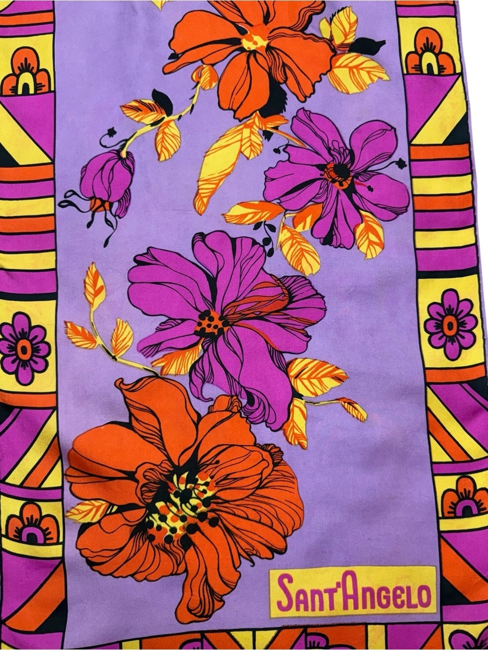 Sant’ Angelo Purple Floral Silk Scarf Luxury Vintage Mod 70s Tropical Floral